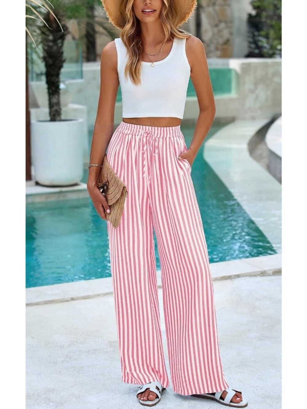 Lightweight Striped Palazzo Pants for Women | Elastic Waist, Comfy & Stylish - Picture 4 of 6